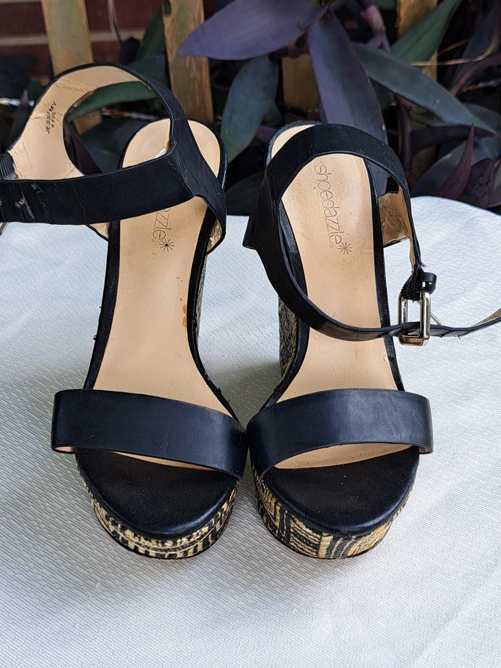 Shoe Dazzle Black Strappy Wedge Sandals with Patterned Platform
